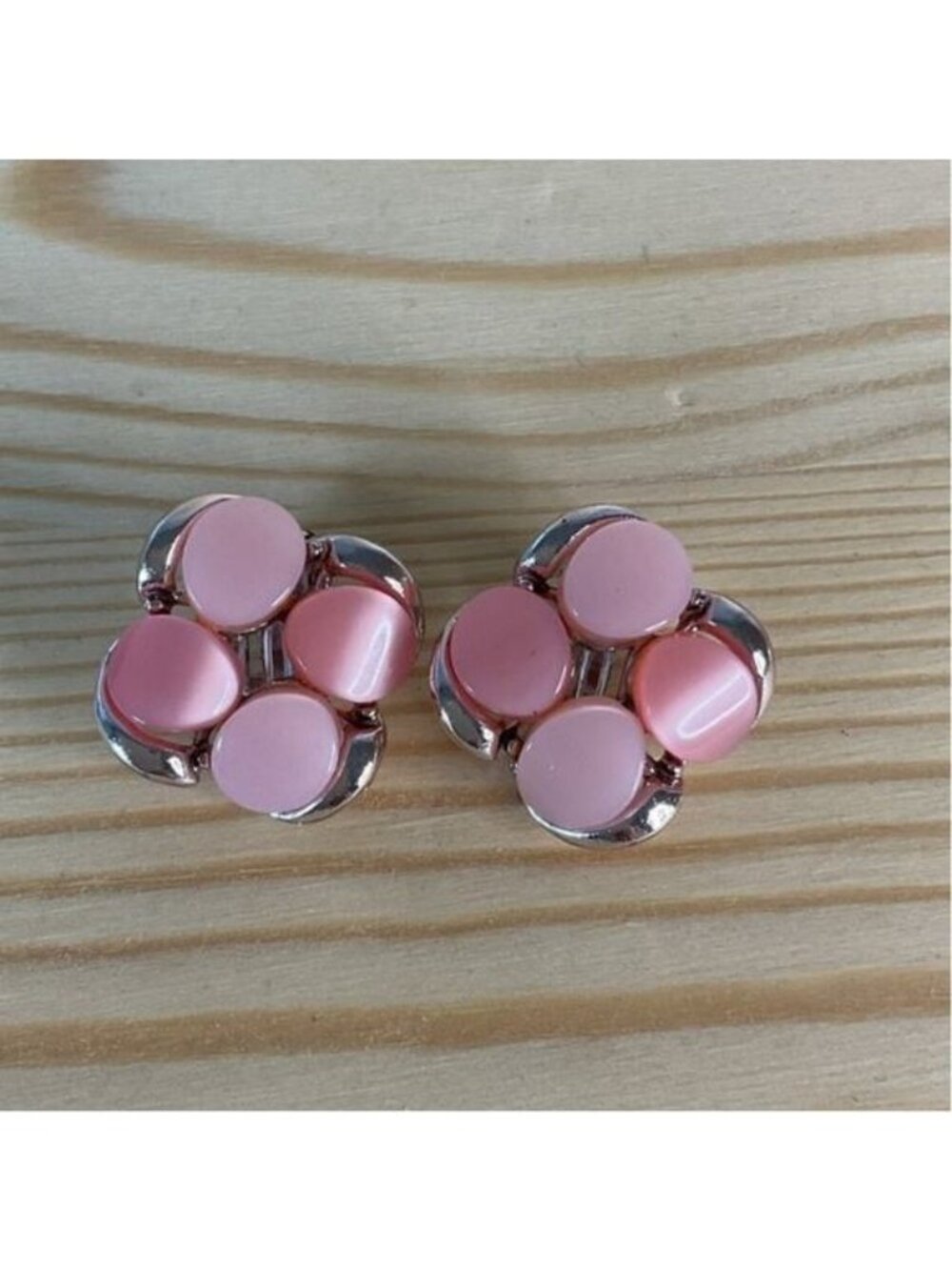 Vintage Pink Lucite Moonglow Thermoset Silver Cluster Clip On Earrings